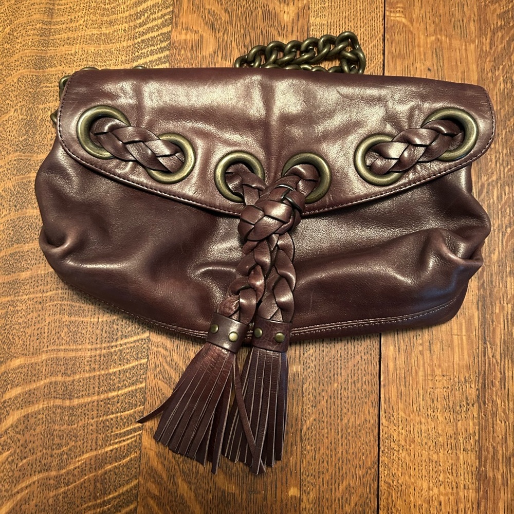 Kooba Brown Leather Clutch with Braided Tassels and Detach. Chain Handle